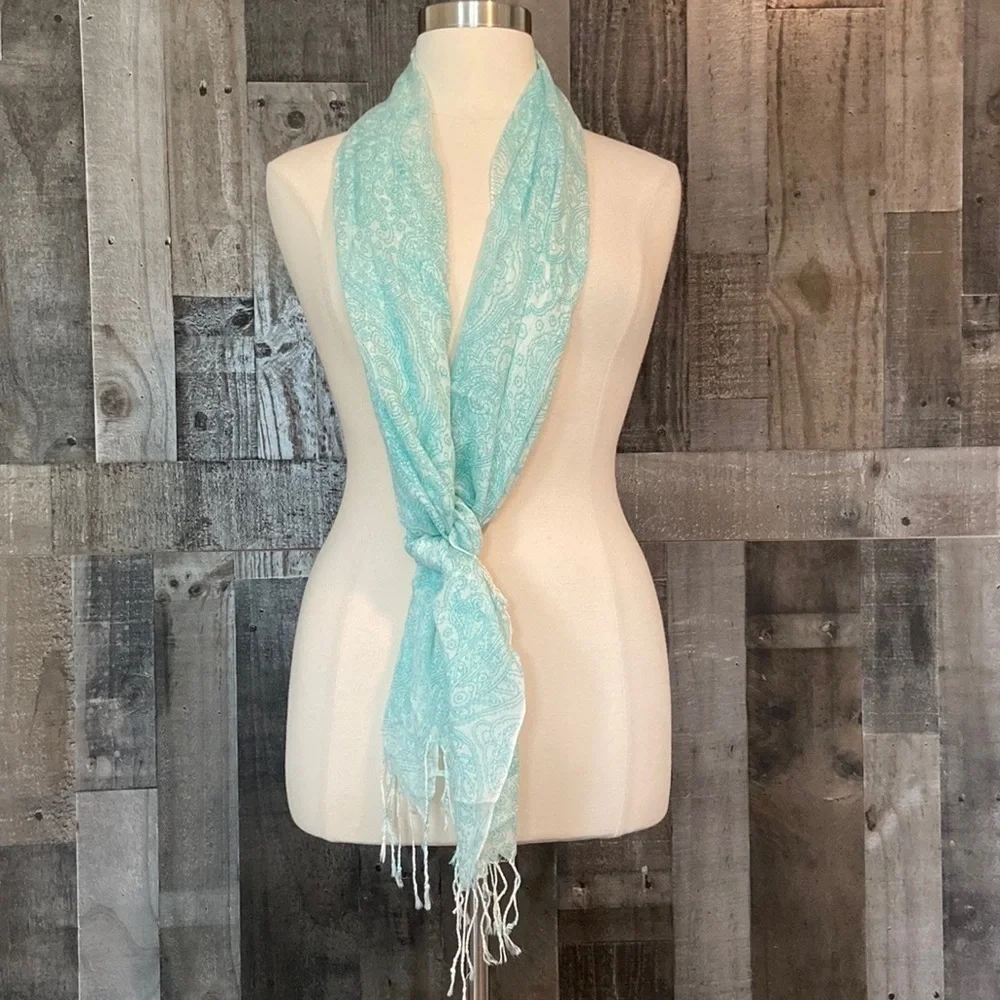 Blue white scarf floral paisley sheer lightweight festival boho quiet luxury